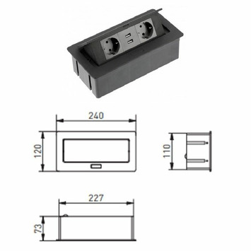 Regleta empotrable SOFT 2 enchufes+2 USB negro