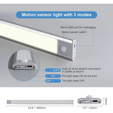 Regleta LED con sensor movimiento 600mm USB