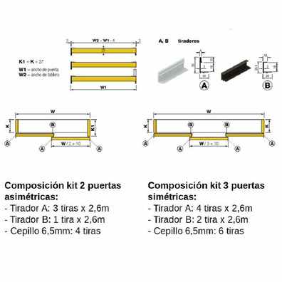 Kit tiradores 2 puertas plata mate asimétrico