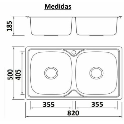 Fregadero INOX 2C rectangulares 820x500x185mm