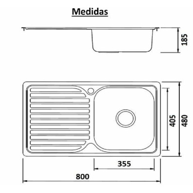 Fregadero INOX 1C 1E 800x480x185mm