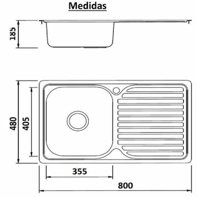 Fregadero INOX 1C 1E DCH. 800x480x185mm