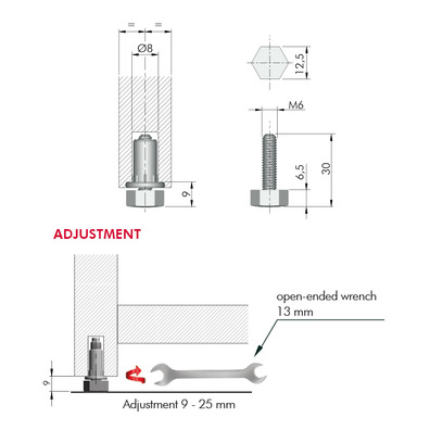 Nivelador ensamblado para muebles M6 x 17 mm negro