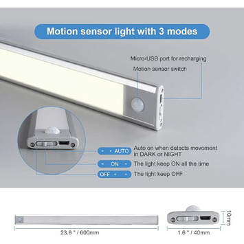 Regleta LED con sensor movimiento 600mm USB