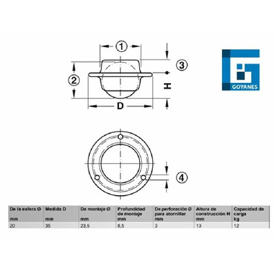 Rueda embutir bola esférica 20mm diametro alt.13mm