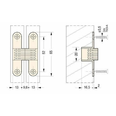 Bisagra embutir oculta 65x36x2mm niquelada